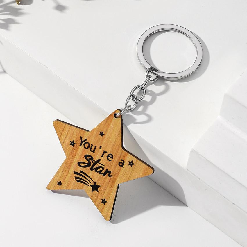 Wooden Five-pointed Star Keyring, Letter Decor Bag Charm Gift 1PC