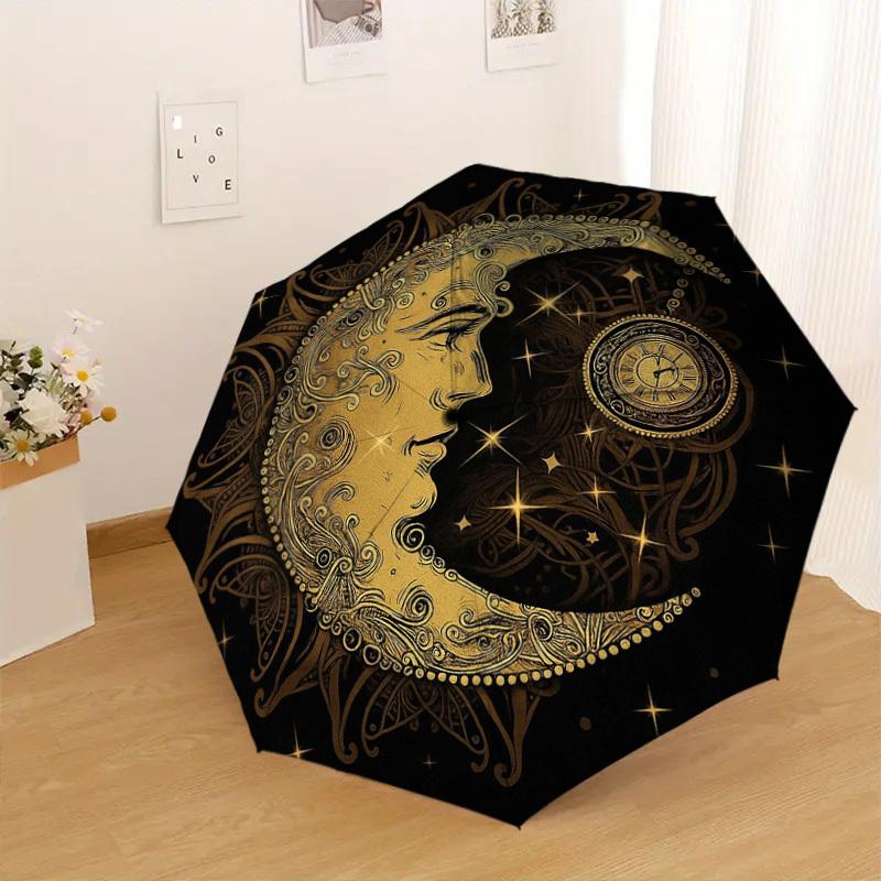 1PC Moon, Clock Pattern Small Travel Compact Windproof Umbrella, Automatic Folding Umbrella, Automatic Open/Close ,Gift-173