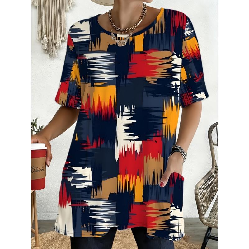 Women's Vintage Color Block T-Shirt Short Sleeve Crew Neck Blouse Brushstroke Plaid Print Top with Pockets