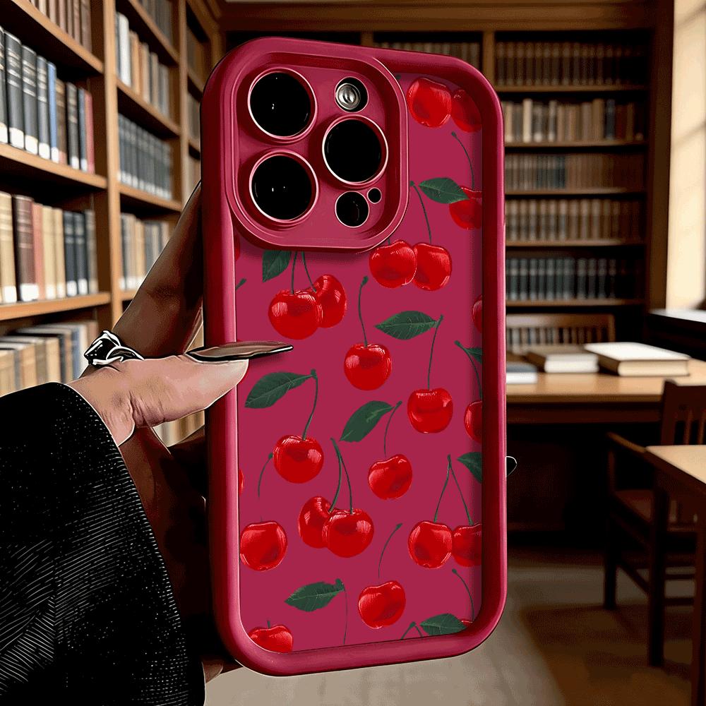 Rote Kirsche mit Blättermuster Handyhülle für iPhone 17 16 15 14 13 12 11 Pro Max Plus Kratzfest, Flexibles Gel Schutzhülle