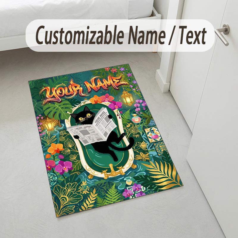 Cat Theme Crystal Velvet Rug Personalized Custom Name Text Soft Floor Mat Home Decor