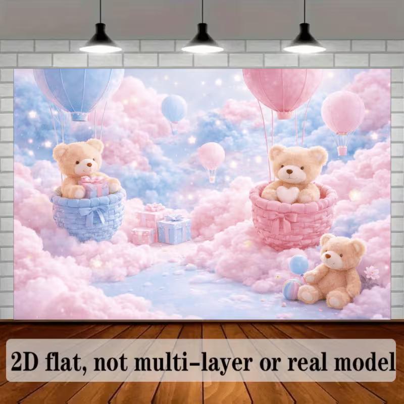 2D Teddy Bear Hot Air Balloon Backdrop for Newborn Photography