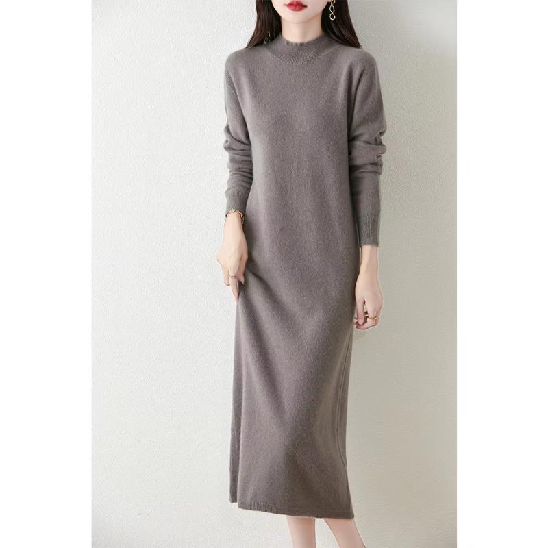 Autumn Winter Women's Wool Long Dress Cashmere Mock Neck Pullover Sweater Soft Knitwear OL Simple Basic Dress