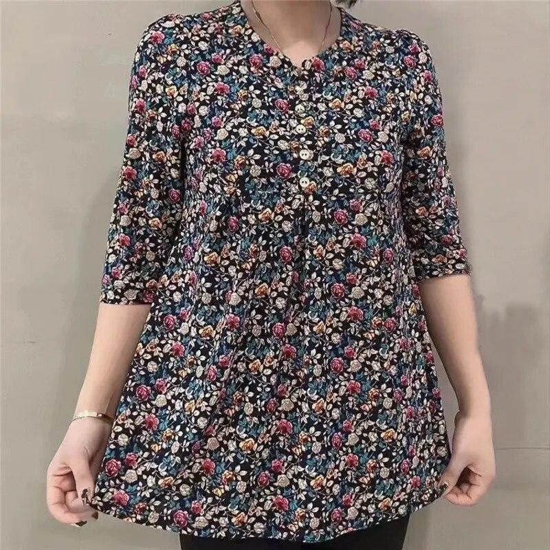 Women's Spring and Summer Plus Size Tall Elastic Loose Round Neck Mid Length Shirt Thin Section Five Minute Sleeve Shirt