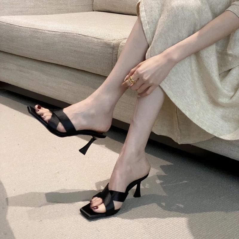 Fashion Fashion Cross Tied Design Brand Slippers Women High Quality Satin Square Toe Slide Sandals Elegant Woman Heels Zapatos De Mujer