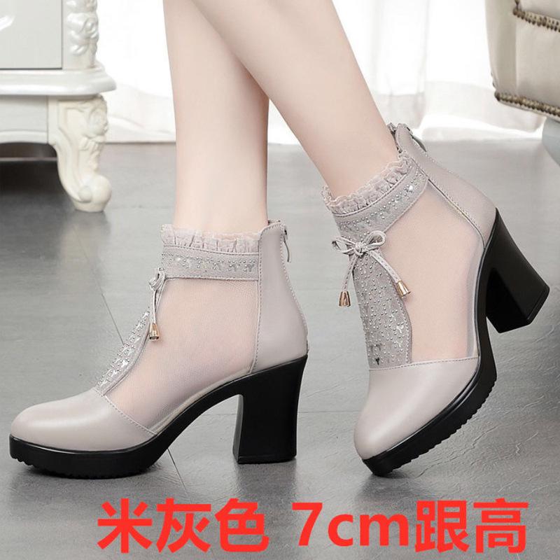 

Женские мягкие ботильоны из натуральной воловьей кожи с сеткой и кружевом, босоножки на высоком каблуке, увеличивающие рост, дышащий дизайн, мягкая и комфортная подошва 35