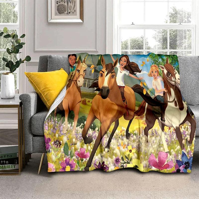 Cartoon Spirit Riding Free Horses Throw Blanket Soft Cozy Blanket for Home Bedroom Bed Sofa Picnic Travel Office Cover Kids 75X95CM