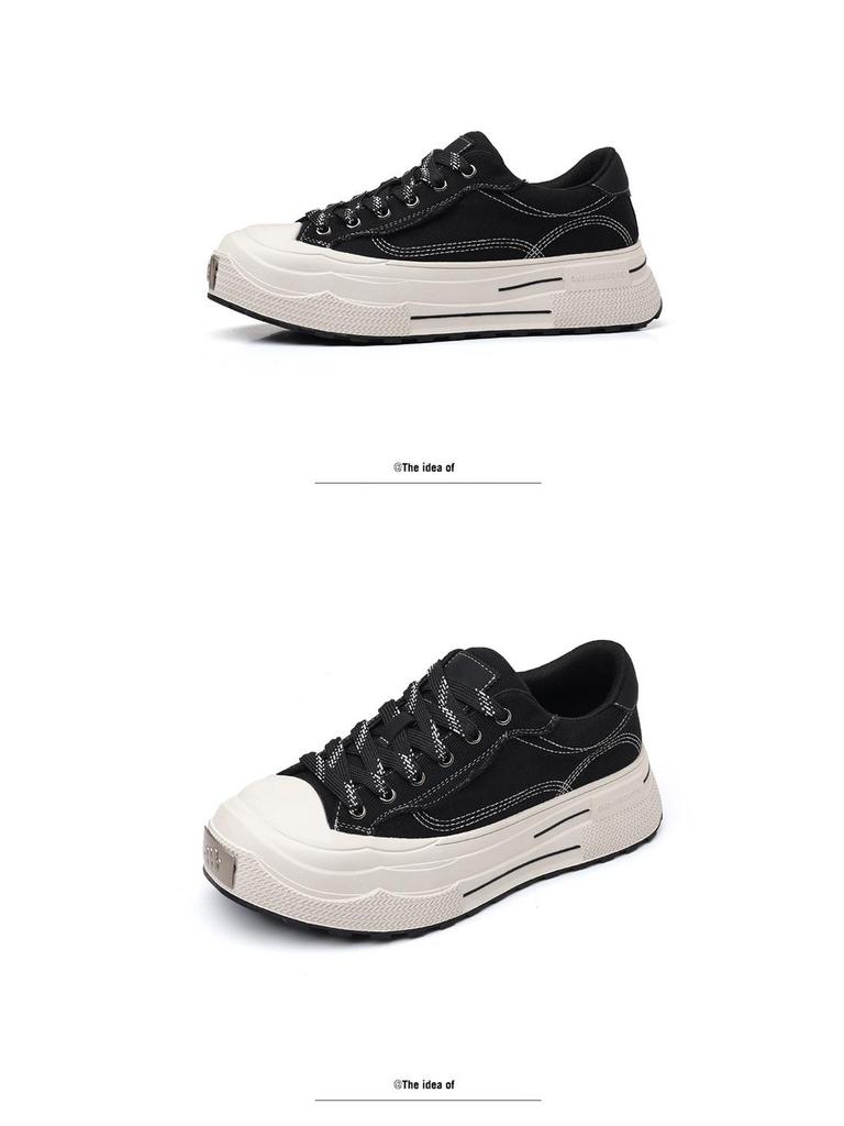 Trendy 2025 Spring/Autumn Retro Black Thick-Soled Breathable Canvas Shoes