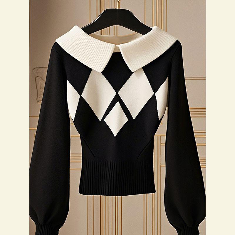 

Autumn Korean Chic Tops Are Fashionable Unique Lazy Black Diamond Knitted Sweater XXL білий