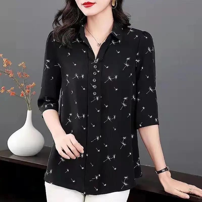Camicia da Donna a Manica Media Larga con Stampa Floreale Primavera/Estate Taglie Forti Camicia da Mamma
