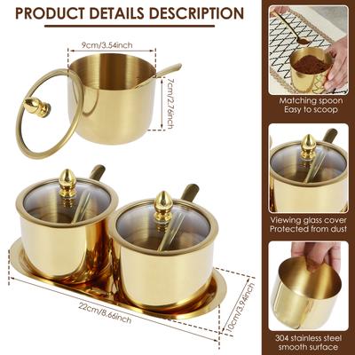 1/2Pcs Stainless Steel Sugar Bowl Set with Glass Lid and Spoon Rustproof Seasoning Box Round Condiment Pots Polished Shiny Sugar