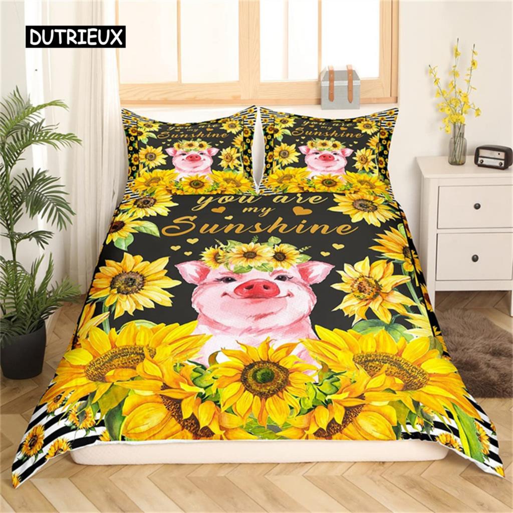 Cute Pig Duvet Cover Kawaii Pig Bedding Set Polyester Pigs Floral Comforter Cover Twin King For Teen Boy Girl Gift Room Decor