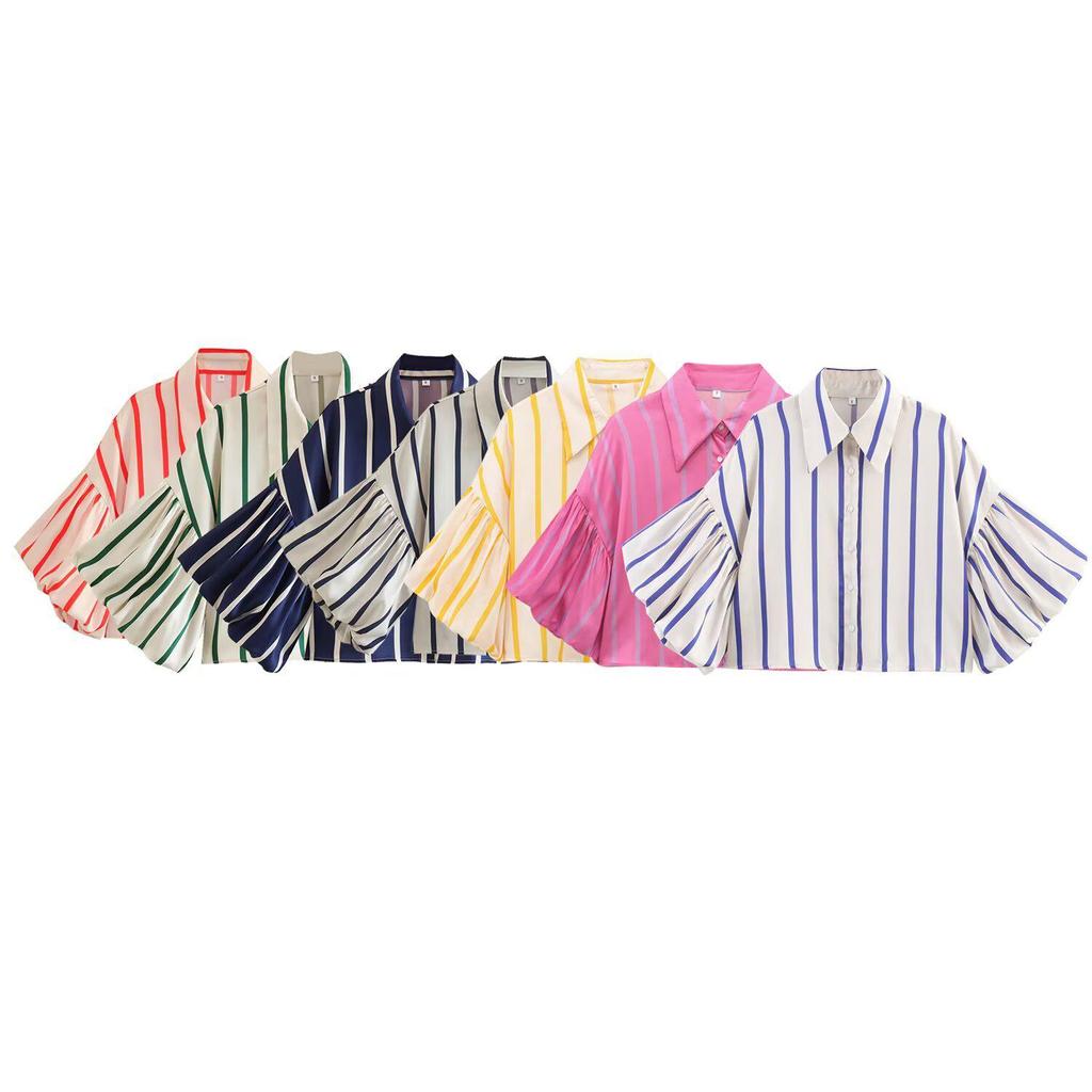 Spring 2025 Women's European & American Style Loose Puff Sleeve Print Shirt