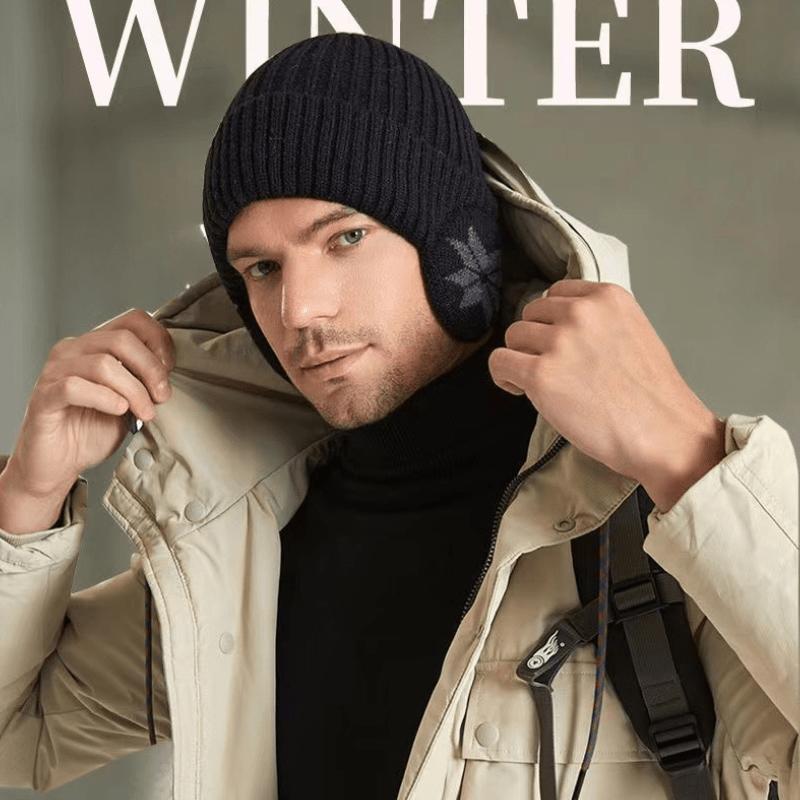 Unisex Winterstrickmütze mit abnehmbaren Ohrenklappen Winddicht Warm Schneeflockenmuster Beanie