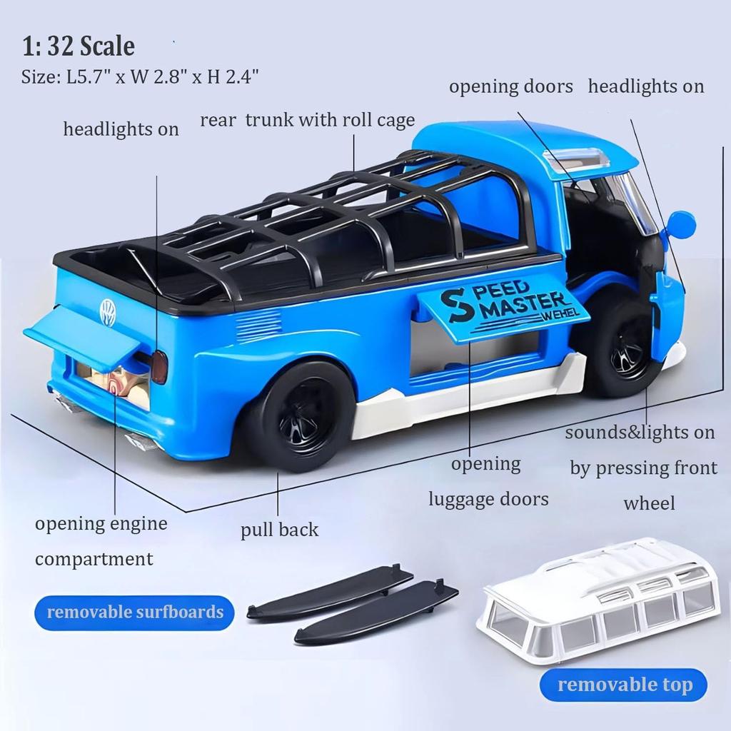 1/32 Scale VK Bus Transporter Model Car with Surfboards Convertible Camping Van, Zinc Alloy Pull Back Toy Car with Sound and Light for Kids Gift