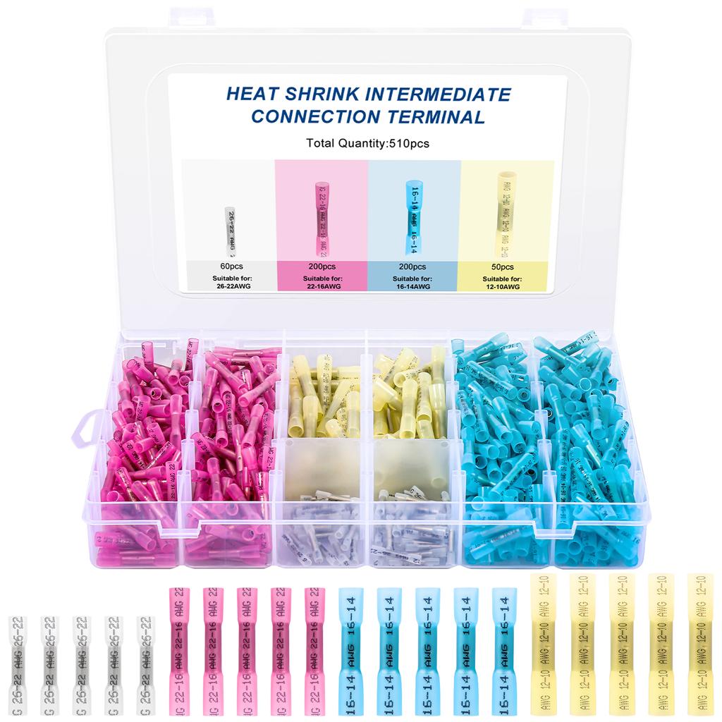 200/510PCS Boxed Waterproof Heat Shrink Butt Wire Connectors Waterproof Insulated Automobile Marine Wire Cable Crimp Terminals