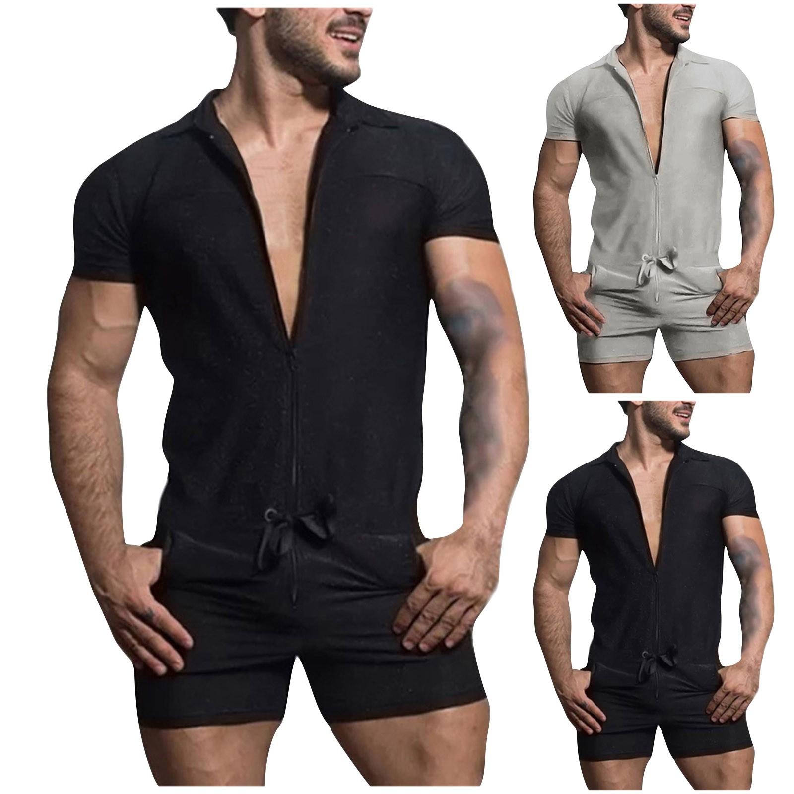 

(Куниде) Мужские однотонные пижамы Мужские цельные трикотажные пижамы на молнии с лацканами и шнурком