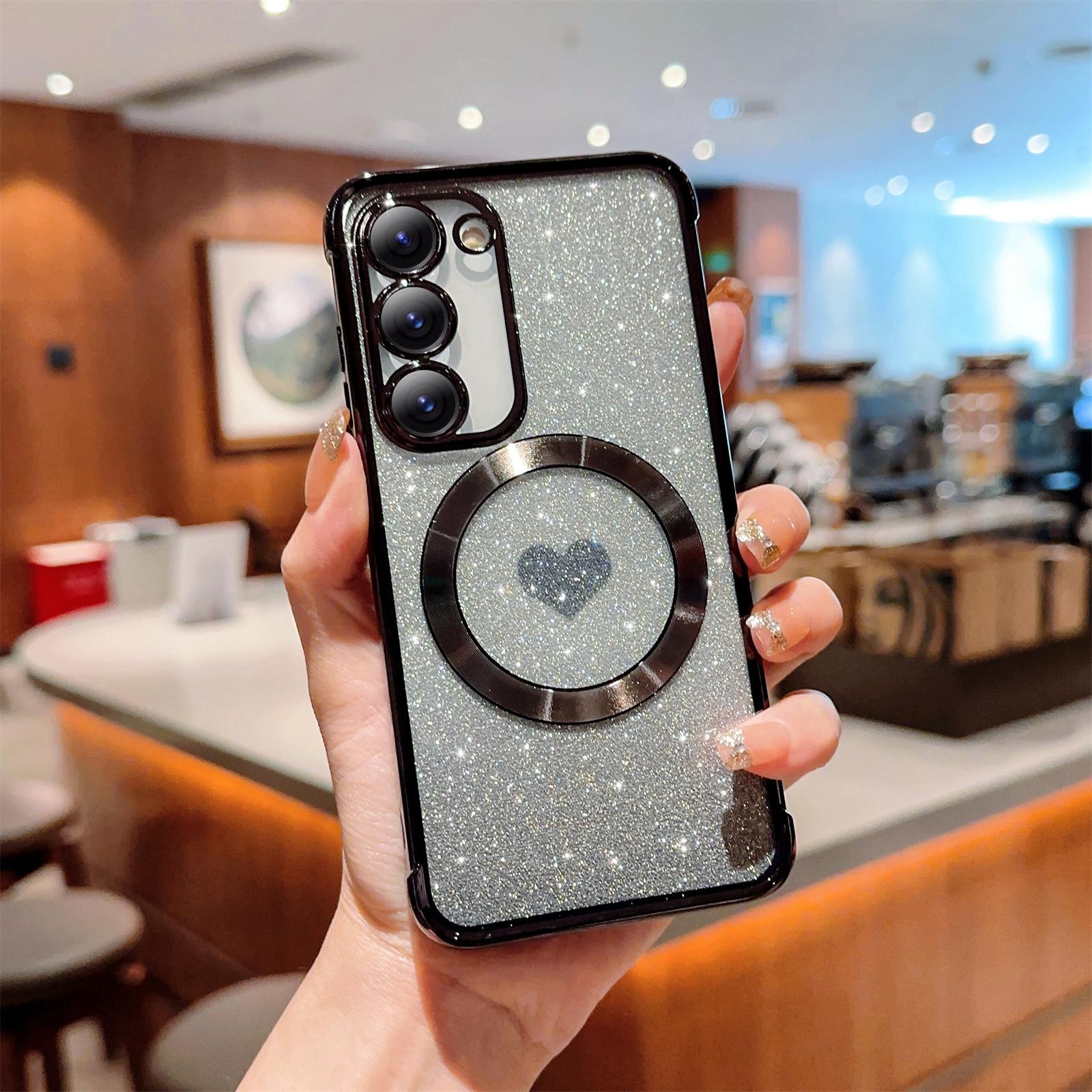 

For Samsung Galaxy S23+ Case Compatible with MagSafe TPU Gradient Glitter Love Heart Phone Cover Black