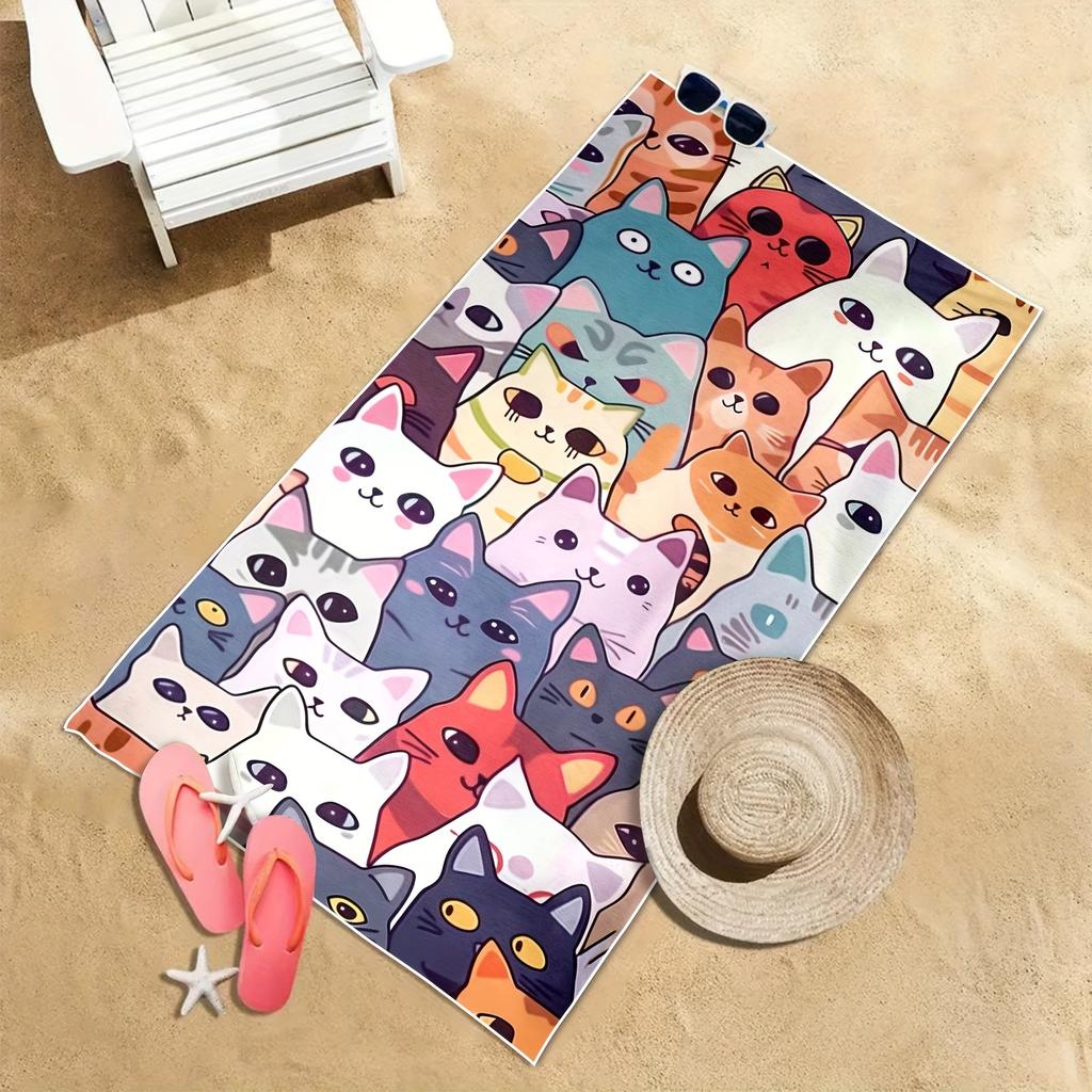 Cat 1pc Cat Cute Cartoon Pattern Beach Towel, Large Soft Absorbent Sun Protection Lightweight Towel for Beach Shower Swimming