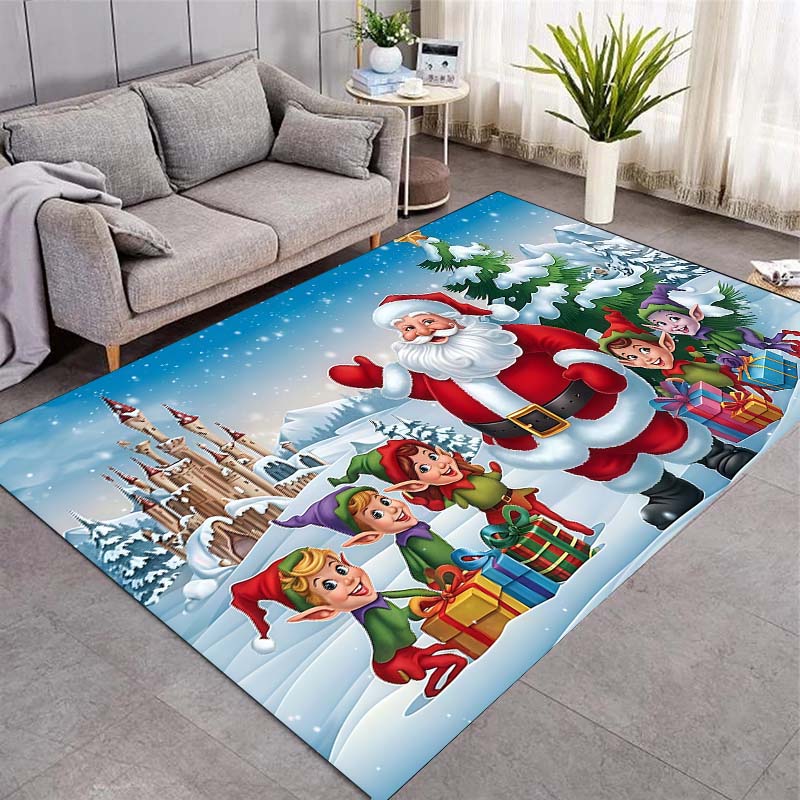 Weihnachts-Nikolaus Geschenkboxen Teppich, Weihnachten Kugeln Schnee Kiefernbaum Rutschfeste Fußmatte für Wohnzimmer Urlaubsdekoration