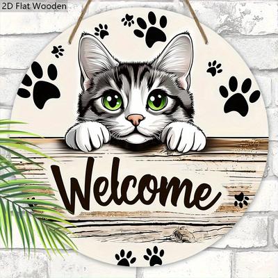 Adorable Cat Wooden Sign with Welcome - Multipurpose Home Decor - Ideal Hanging Decorative Plaque with Cat Paw Prints for Home Decor