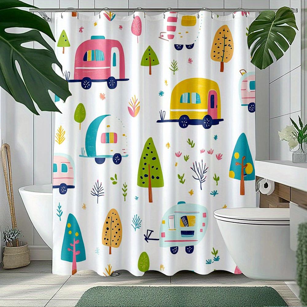 

Whimsical Campervan & Tree Shower Curtain - Pastel Colors, Abstract Shapes, Playful Design,Polyester, Washable W60H190(CM)-1 Pcs