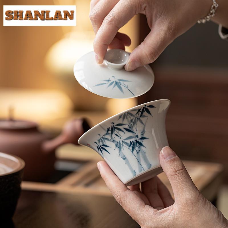 110ml Hand-painted Blue Bamboo Gaiwan Ancient Plant Gray Tea Tureen Tea Bowl With Lid Kit Tea Brewing Cover Bowl Teaset Gift
