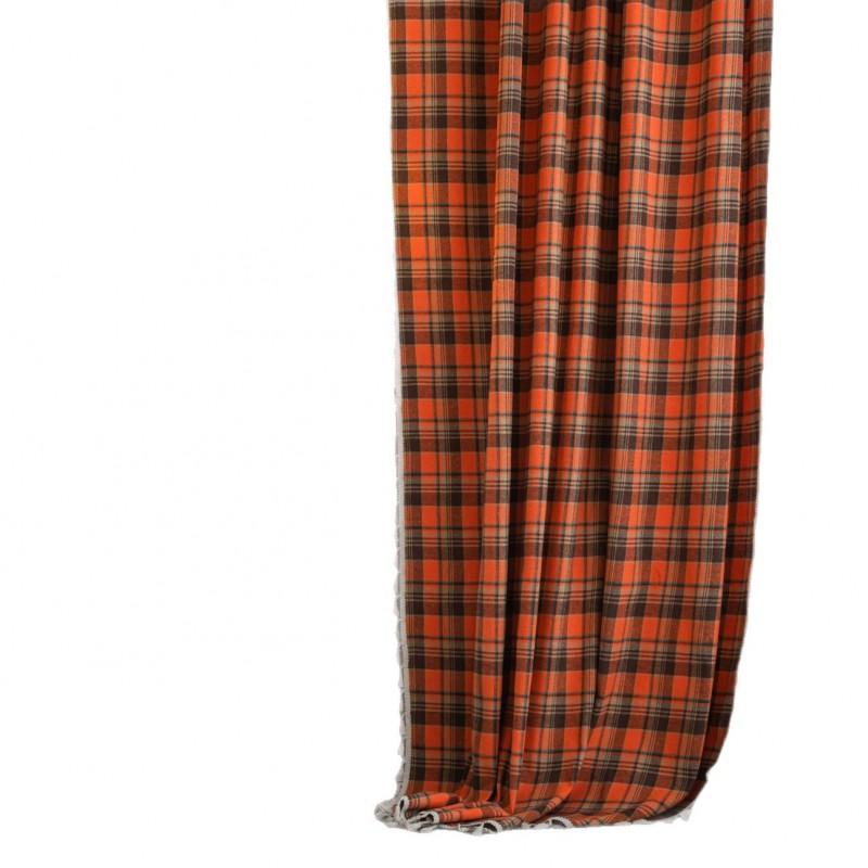 French Style Orange Checkered Cotton Linen Curtain Semi-Sheer Kitchen Dining Bay Window