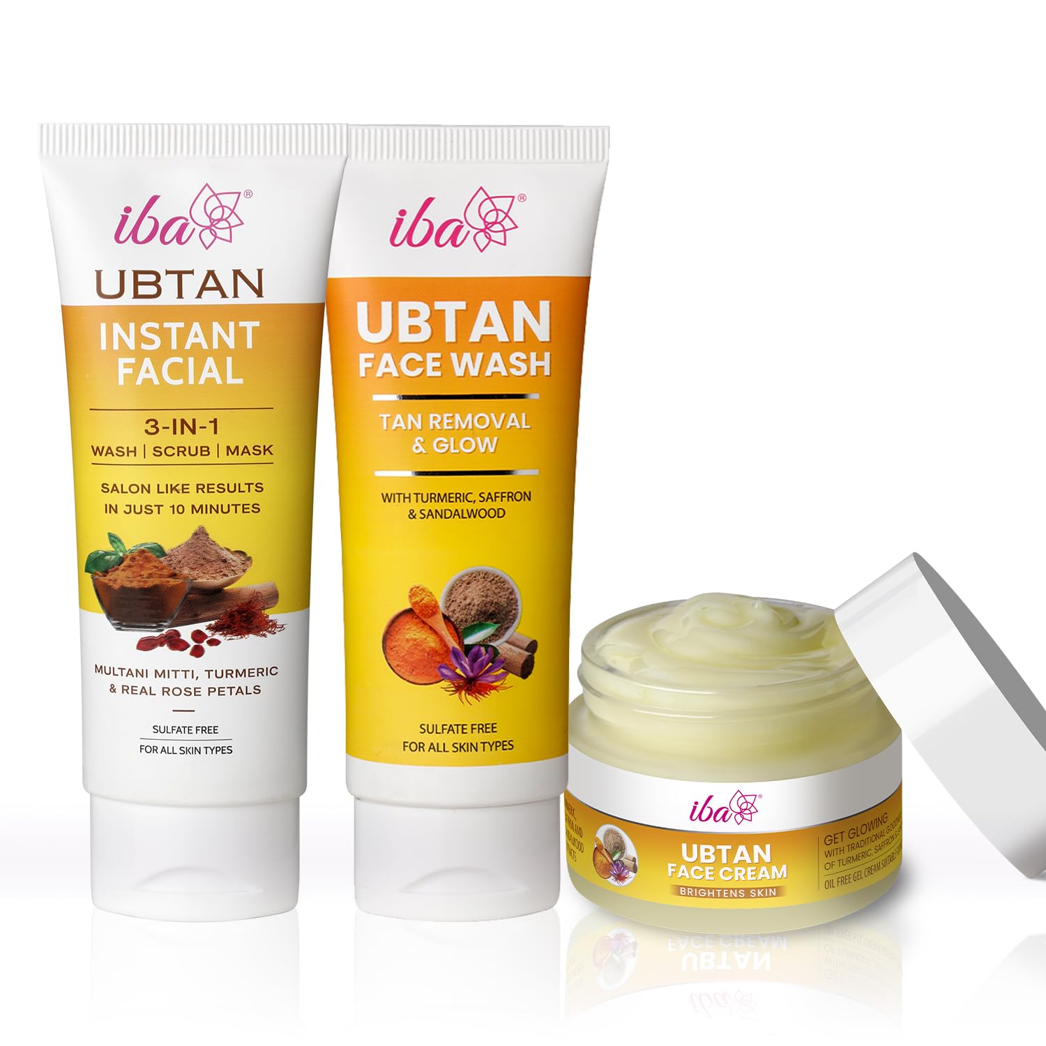 Набор Iba Ubtan Essentials для ухода за кожей для сияющей кожи | Удаляет загар и придает сияние (Убтан для умывания лица (100мл), Убтан 3 в 1 Мгновенное лицо (10