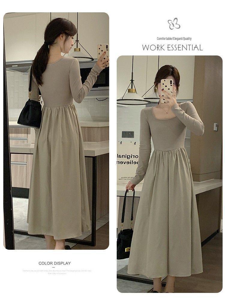 French Hepburn Style Long Sleeve Square Neck Dress for Women - Autumn High-End Inner Layer Long Skirt