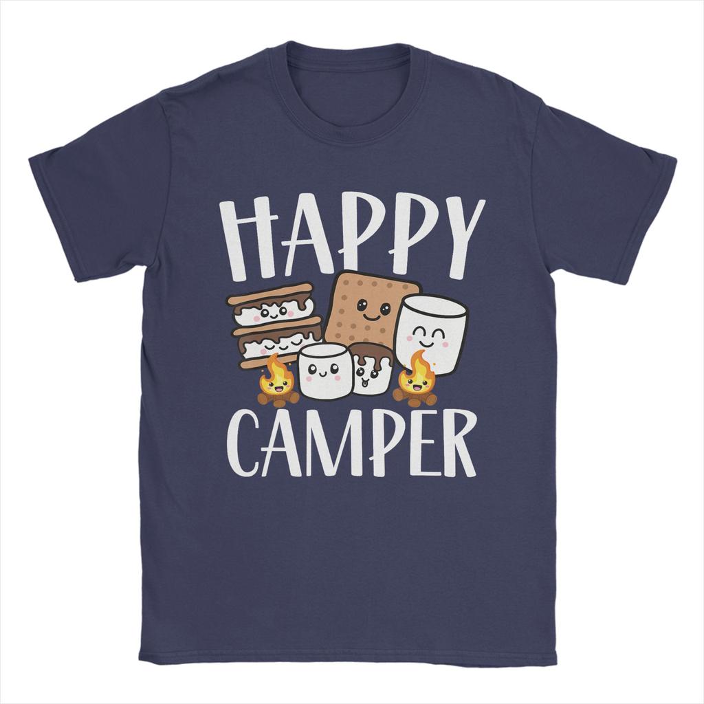 Kawaii Smore Happy Camper Camping Cotton TShirt For Men Summer Funny T Shirts O Neck Hipster Tees Plus Size Custom Logo Tops
