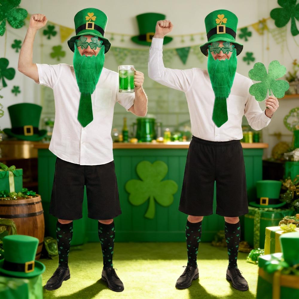 5pcs St. Patrick's Day Party Costume Suit Green Funny Hat Bow Beard Bow Tie Beard Favors Irish Leprechaun Costume Accessory