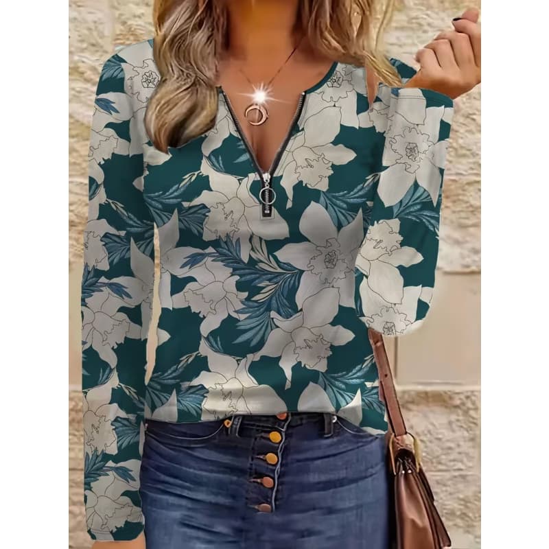 Kreatives bedrucktes Reißverschluss-Langarm-T-Shirt für Damen, atmungsaktiv, weich und bequem, geeignet für lässige Kleidung das ganze Jahr über