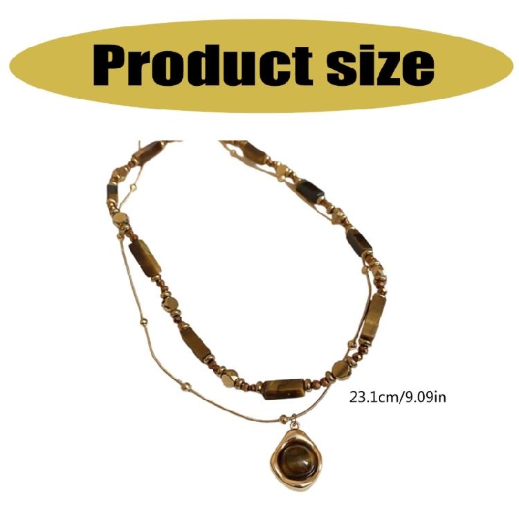 Sophisticated Retro Styles Necklace with Tigers Eye Stone Pendant and Double Layer Chain Designs Accessory for Women
