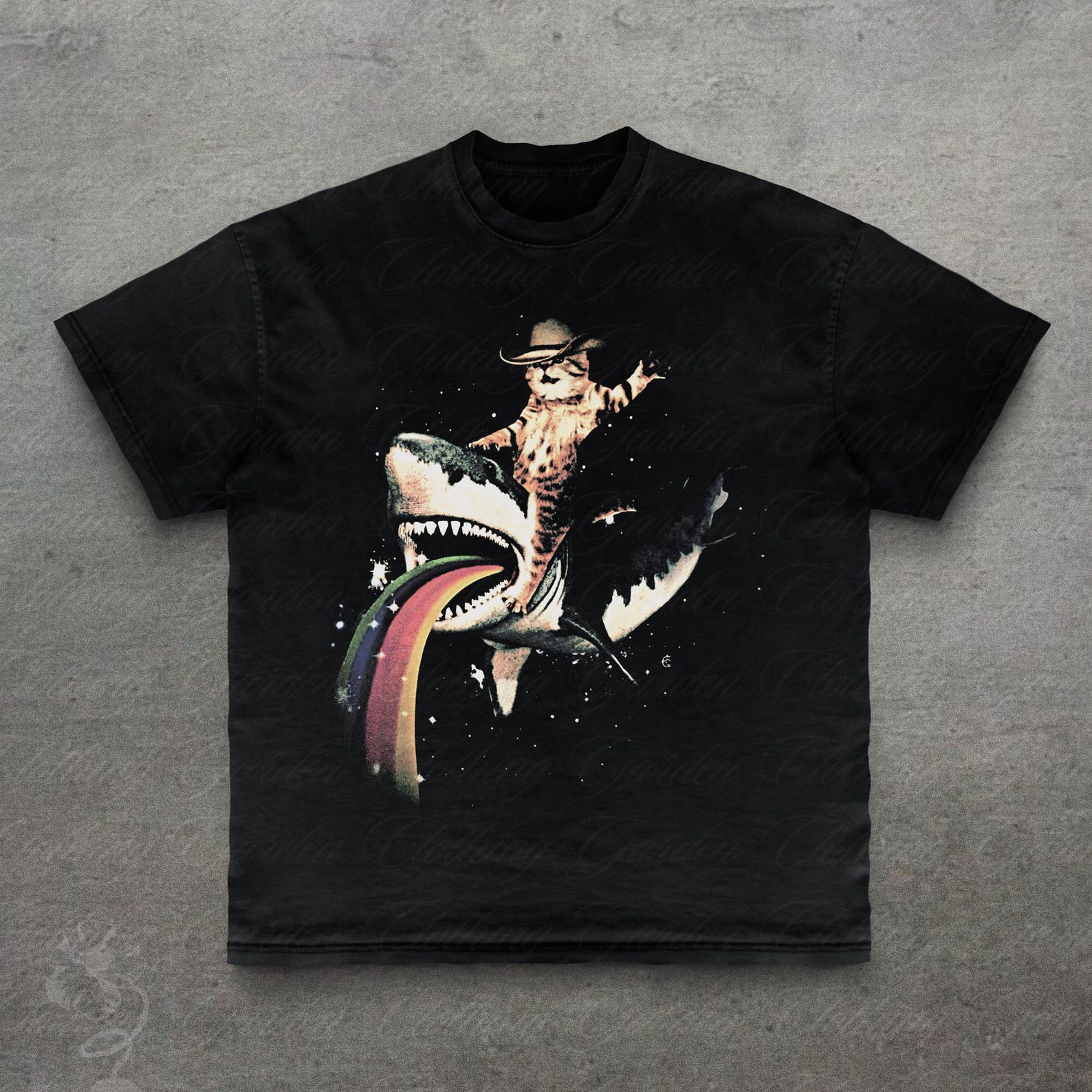 Cowboy Cat Shark Graphic Tee, Gifts For Cat Lovers, Funny Cat Meme T-Shirt for Men Women, Retro Space Rainbow Shark Cat Top, Funny Gift S
