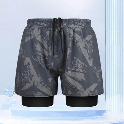 Men Swim Shorts Slim Fit Double Layers Quick Dry Conservative Swimming Elastic Waist Printed