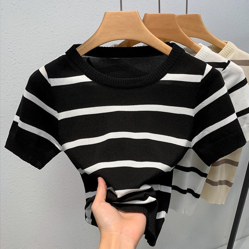 Round Neck Thin Short-sleeved Sweater for Women Latest Womens Elastic Contrasting Striped T-shirt Short Waist Top