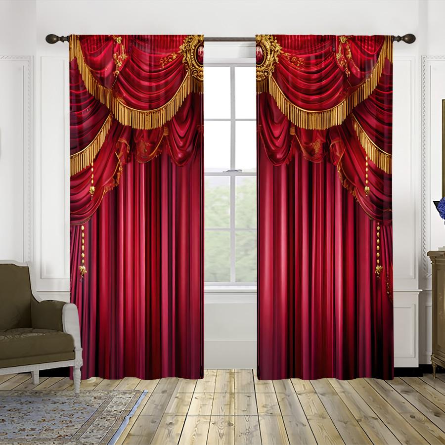 2PCS Red Tassel Curtains, Bohemian Fringe Print, Ethnic Style Window Drapes for Living Room Bedroom Home Decor