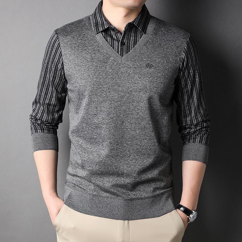 Primăvară și toamnă, guler de cămașă nou, tricou fals din două piese pentru bărbați, modă pentru tineri și vârste mijlocii, în stil coreean, cu bază în dungi