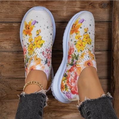 Chaussures vulcanisées décontractées pour femmes, baskets de course à pied, respirantes, à la mode, avec strass et fleurs, idéales pour la randonnée en plein air