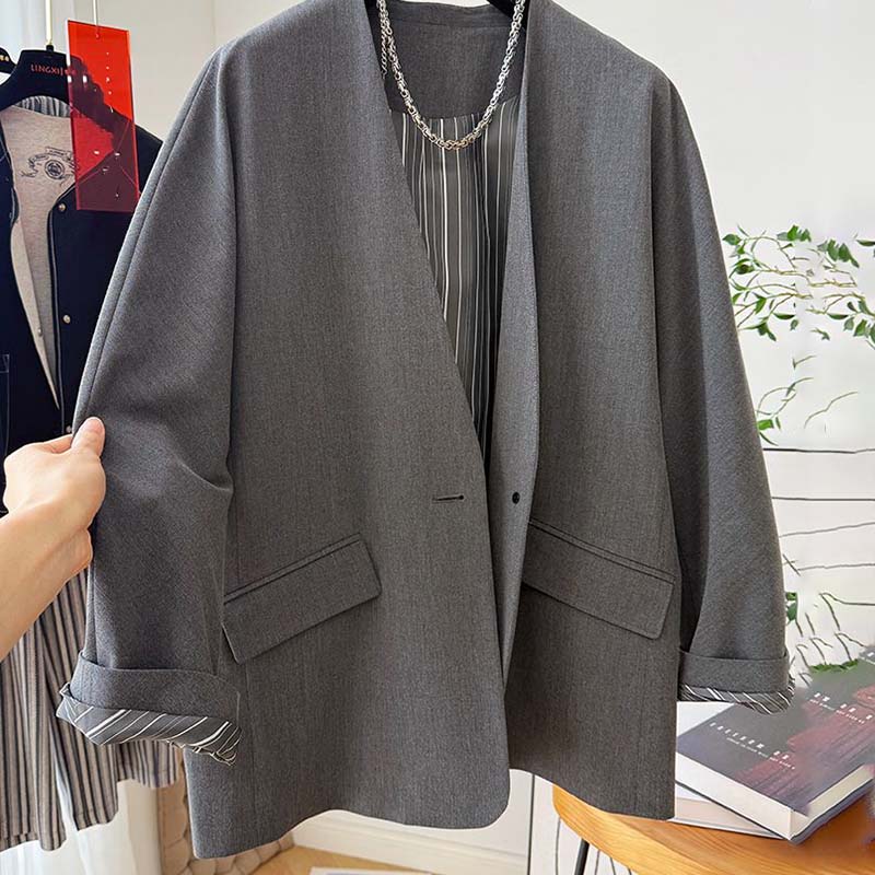 Blazer Coat for Women Cotton Autumn Winter Thickened Casual Oversize Striped Lined V-Neck Blazer Jacket
