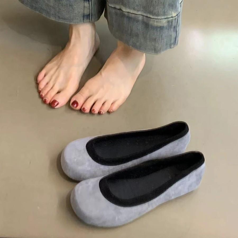 Soft leather version~ retro round head shallow mouth single shoes with skirt flat ballet shoes one pedal versatile grandma shoes women