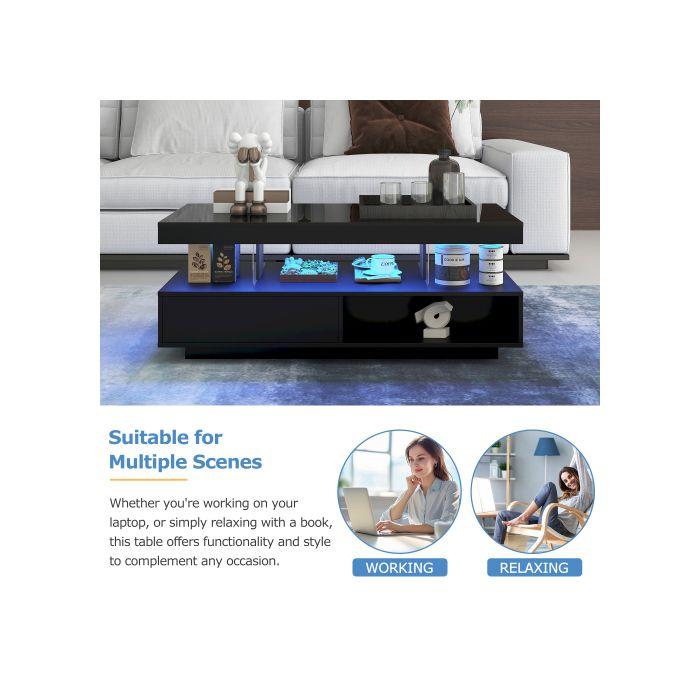 Table Basse - MUVOE - 95x50x42,5 Cm - Noir Brillant - 4 Plateaux En Verre - 2 Tiroirs