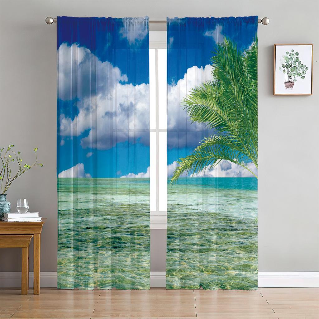 2 Panel Blue Sea Curtain Sea Creature Dolphin Turtle Curtain for Bedroom Living Room Kitchen Window Tulle Sheer VoileCurtains