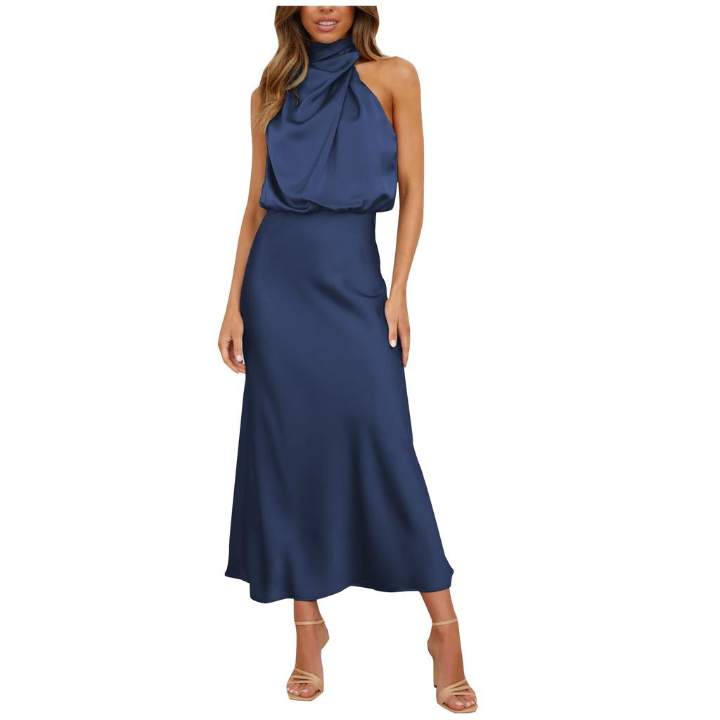 Women Sleeveless Mock Neck Cocktail Dresses Keyhole Elastic Waist Party Wedding Guest Satin High Split Mid Dress