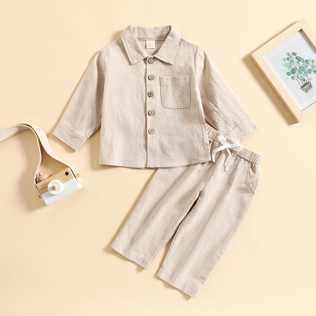 Fashion Toddler Boys' Linen Cotton 2-Piece Outfit Long Sleeve Shirt & Pants Set