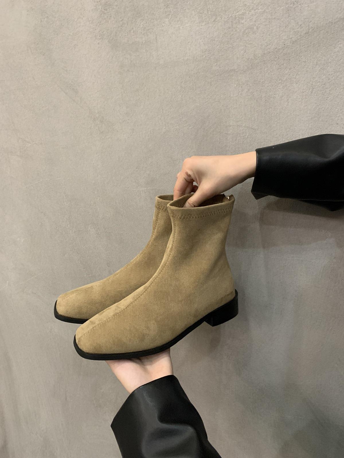 

Retro fashion skinny boots thick heel this year s popular short boots French autumn and winter suede short women s boots Martin boots 35 хаки