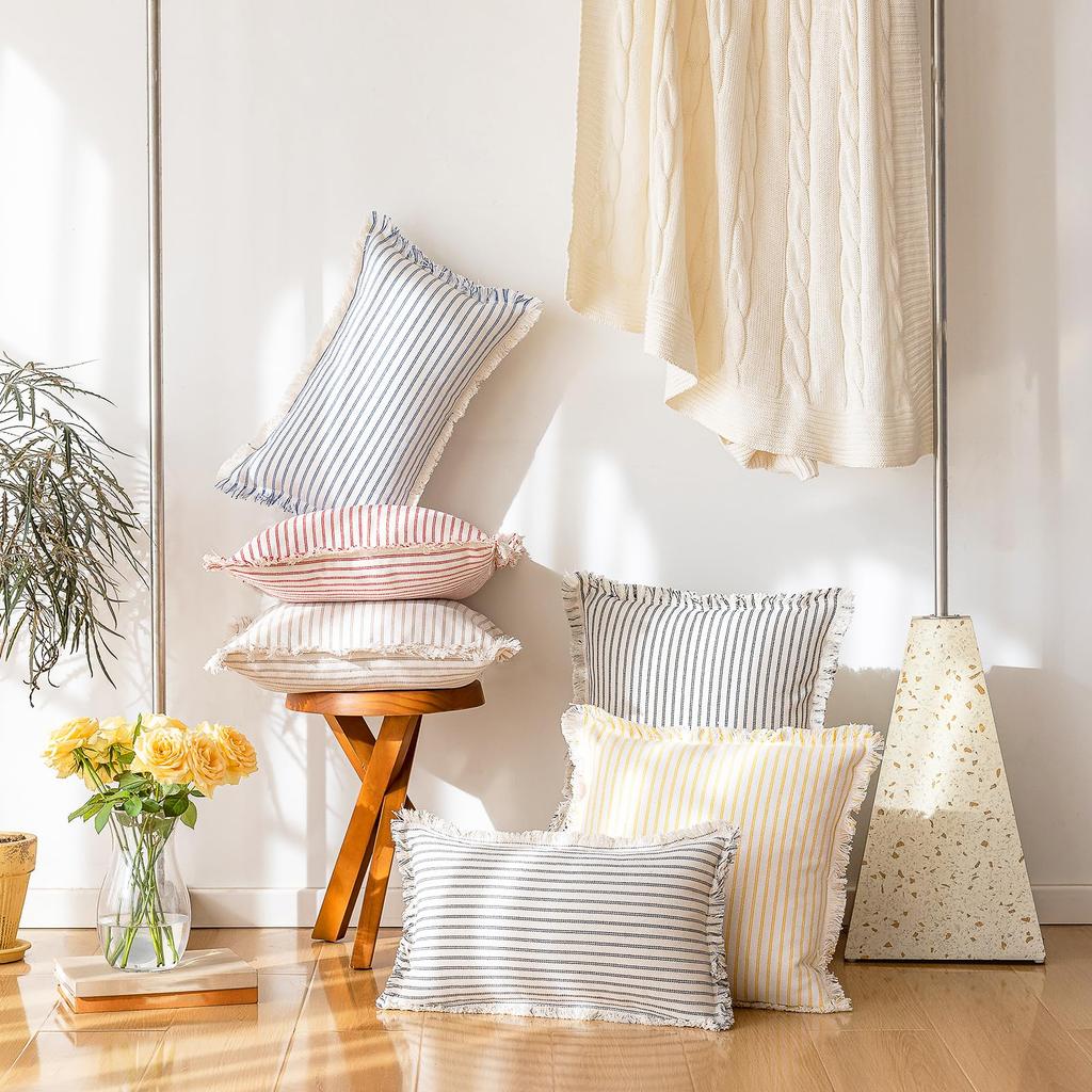 Throw Pillow Covers Set of 2 Striped Fringe Pillow Cover Farmhouse Cushion Covers with Tassel Neutral Boho Pillowcase for Couch