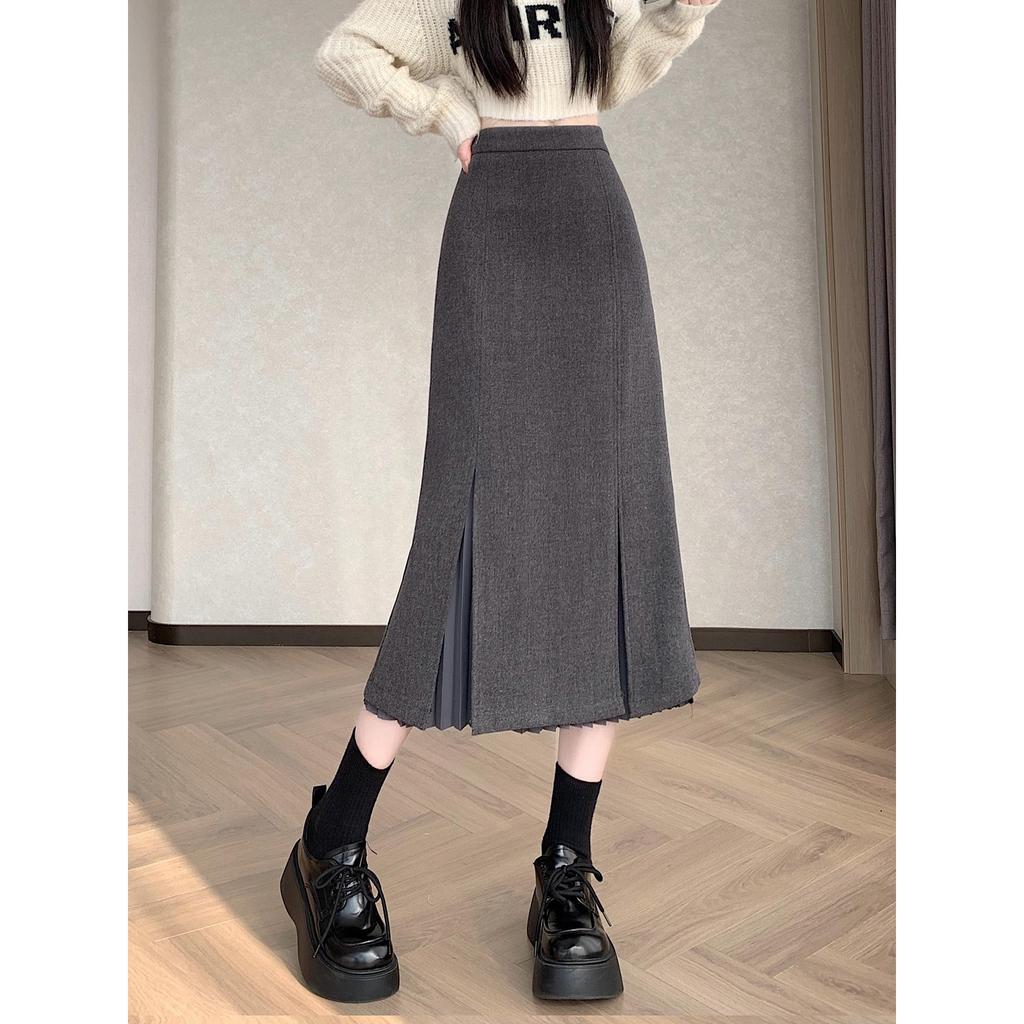 Women's Gray Wool Plaid Pleated A-Line Skirt - High Waist, Mid-Length, Slimming, with Slit for Autumn/Winter