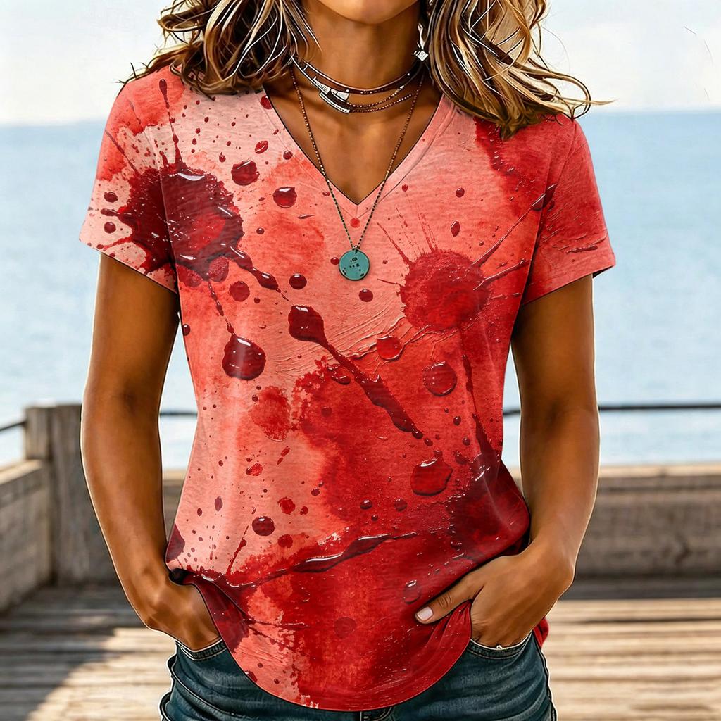 Damen Casual V-Ausschnitt Halloween Aufdruck T-Shirt für Party Kostüm